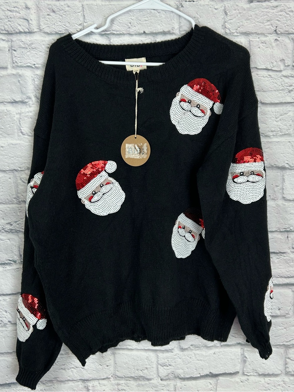BIB Women’s Large Black Sequin Santa Christmas Ugly Holiday Sweater NWT